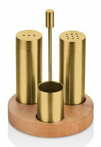 TEZEL 3'LÜ BORU TUZLUK TK YUVARLAK AHŞAP STANDLI (PVD GOLD)