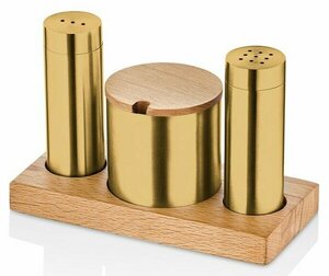 TEZEL 2'Lİ BORU TUZLUK TK+BAHARATLIK AHŞAP STANDLI (PVD GOLD)