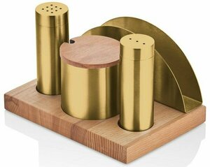 TEZEL 2'Lİ BORU TUZLUK TK.+BAHARATLIK+PEÇETELİK AHŞAP STANDLI (PVD GOLD)
