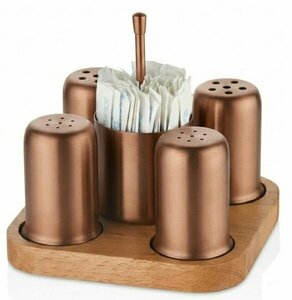 TEZEL 5'Lİ TUZ+KARABİBER+PULBİBER+KEKİK+ŞEKERLİK/KÜRDANLIK TELLİ KARE STAND PVD BAKIR